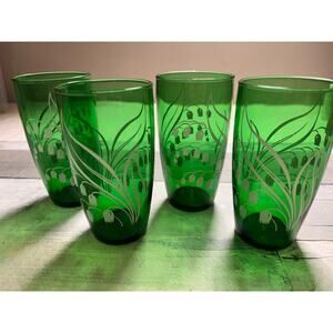 4 VINTAGE ANCHOR HOCKING GREEN TUMBLERS WHITE LILY OF THE VALLEY FLORAL 1960s